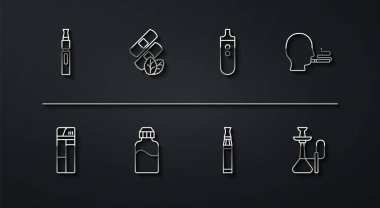 Elektronik sigara, Çakmak, Erkek sigarası, Vape sıvı şişesi, Tıbbi nikotin bantları, Nargile ve ikon. Vektör