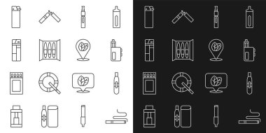 Sabit hat sigarası, Elektronik sigara, Vape mod cihazı, Çakmak ve Tütün yaprağı ikonu. Vektör