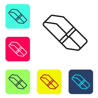 Beyaz arkaplanda siyah çizgi silici ya da kauçuk simgesi var. Renkli kare düğmelerle simgeleri ayarla. Vektör.