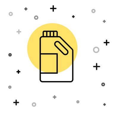 Çamaşır deterjanı, çamaşır suyu, bulaşık deterjanı ya da beyaz arka planda izole edilmiş başka bir temizlik maddesi ikonu için siyah çizgi plastik şişe. Rastgele dinamik şekiller. Vektör