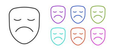 Siyah çizgi dramatik maske ikonu beyaz arkaplanda izole edildi. Simgeleri renklendirin. Vektör