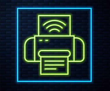 Parlayan neon hattı Akıllı yazıcı sistemi simgesi tuğla duvar arka planında izole edildi. İnternet kavramının kablosuz bağlantısı. Vektör