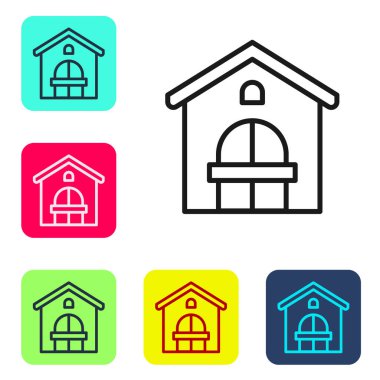 Siyah çizgi çiftlik evi simgesi beyaz arka planda izole edilmiş. Renkli kare düğmelerle simgeleri ayarla. Vektör