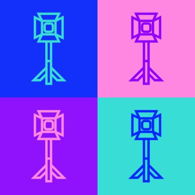 Pop Art Line Stüdyo ampulü, arka planda izole edilmiş yumuşak kutu ikonunda. Gölge yansıma tasarımı. Vektör