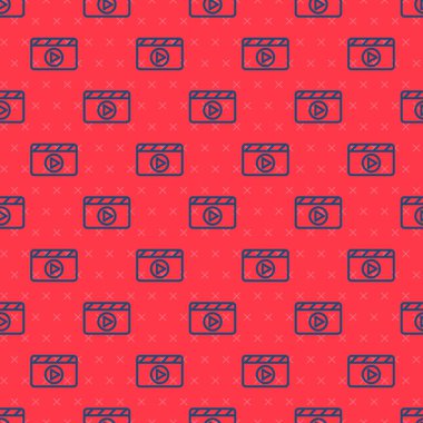 Mavi çizgi film alkışlayıcı simgesi kırmızı arkaplanda izole edilmiş pürüzsüz desen. Film alkışlama tahtası. Alkış tahtası işareti. Sinema yapımı ya da medya endüstrisi. Vektör