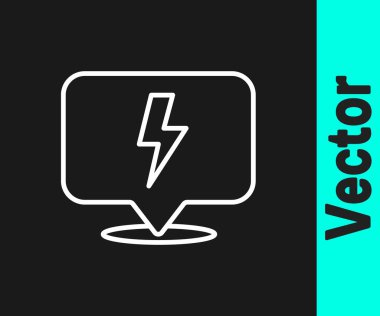 Beyaz çizgi Şimşek simgesi siyah arkaplanda izole edildi. Flaş işareti. Flaş ikonunu yükle. Gök gürültüsü. Yıldırım çarpması. Vektör