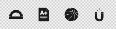 Protraktör ızgarası, A + notu olan sınav kağıdı, basketbol topu ve mıknatıs simgesini ayarla. Vektör
