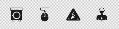 Çamaşır makinesi, bilgisayar faresi, yüksek voltaj ve elektrik ikonu ayarla. Vektör