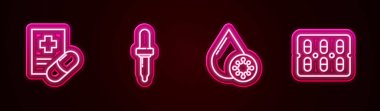Tıbbi reçete, Pipette, kan testi, virüs ve haplar. Parlayan neon ikonu. Vektör
