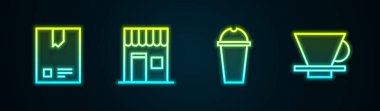 Kahve çekirdeği torbası, kahve dükkanı, milkshake ve V60 makinası. Parlayan neon ikonu. Vektör