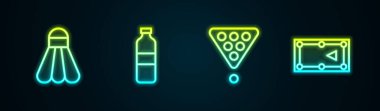 Badminton mekik horozu, bir şişe su, bilardo topları üçgeni ve masa. Parlayan neon ikonu. Vektör