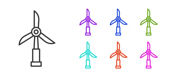 Zwarte Lijn Windturbine Pictogram Geïsoleerd Witte Achtergrond Windgenerator Bord Windmolen — Stockvector