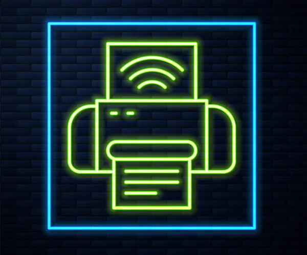 Glowing Neon Line Smart Printer System Icon Isolated Brick Wall — Stock Vector