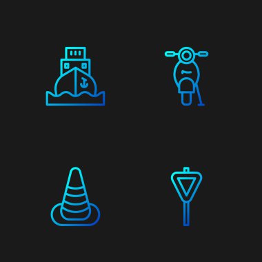 Yol trafik levhası, trafik konisi, kargo gemisi ve Scooter ayarlayın. Renk simgeleri. Vektör