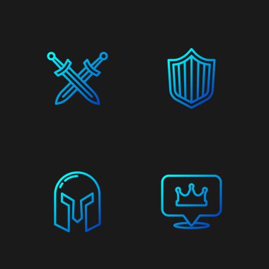 Yerleşme yeri kral tacı, Ortaçağ demir miğferi, Orta Çağ kılıç ve kalkanı. Renk simgeleri. Vektör