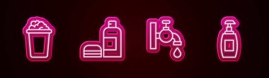 Kovaya sabun köpüğü, bir şişe şampuan, musluk suyu ve sıvı koyun. Parlayan neon ikonu. Vektör