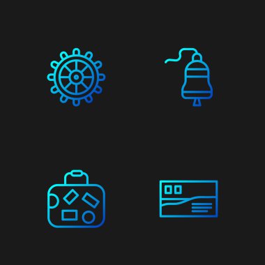 Kartpostal seyahati, bavul, direksiyon simidi ve zil ayarlayın. Renk simgeleri. Vektör