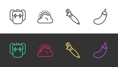 Sırt çantası, güneş ve bulut havası, Şemsiye ve Patlıcan 'ı siyah ve beyaza ayarla. Vektör