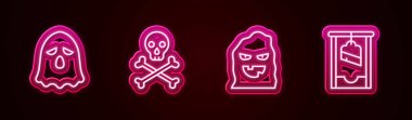 Hayalet, Kurukafa, komik ve korkunç hayalet maskesi ve giyotin. Parlayan neon ikonu. Vektör