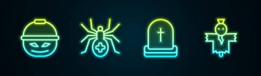 Şekerler için balkabağı sepeti, Spider, Tombstone, RIP yazılı ve Korkuluk. Parlayan neon ikonu. Vektör