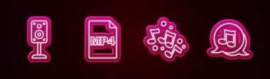 Satır Stereo hoparlörü, MP4 dosya belgesi, nota, ton ve ses ayarları. Parlayan neon ikonu. Vektör