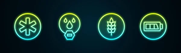 设置线医疗急救标志 禁止滴水 禁止小麦和电池 发光的霓虹灯图标 — 图库矢量图片