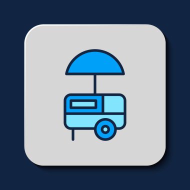 Fast Street yemek arabasının ana hatlarıyla doldurulmuş mavi arka planda tente simgesi var. Şehir büfesi. Dondurma kamyonu. Vektör