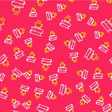 Çizgili kahve fincanı ve kitap ikonu kırmızı arka planda izole edilmiş kusursuz desen. Çay fincanı. Sıcak içecek kahvesi. Vektör