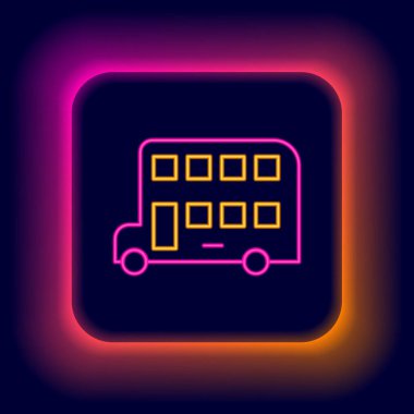 Parlayan neon hattı çift katlı otobüs simgesi siyah arkaplanda izole edildi. Londra klasik yolcu otobüsü. Toplu taşıma sembolü. Renkli taslak konsepti. Vektör