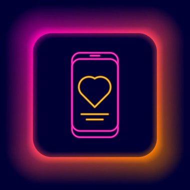 Siyah zemin üzerinde izole edilmiş kalp atış hızı monitör ikonu olan parlak neon hattı Smartphone. Renkli taslak konsepti. Vektör