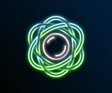 Parlayan neon hattı Atom simgesi siyah arkaplanda izole edildi. Bilimin, eğitimin, nükleer fiziğin, bilimsel araştırmaların sembolü. Renkli taslak konsepti. Vektör