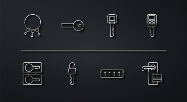 Bir sürü anahtar, döküm, uzaktan kumandalı araba, şifre korumalı, Kilitsiz, Dijital kapı ve simge ayarla. Vektör