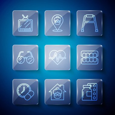 İlaç hapı ya da tablet, huzurevi, hap paketi, Walker, kalp atış hızı, gözlük, Retro TV ve sahte çene simgesi. Vektör