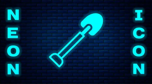 Glowing Neon Shovel Icon Isolated Brick Wall Background Gardening Tool — Stock Vector