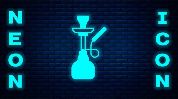 Glowing Neon Hookah Icon Isolated Brick Wall Background Vector — Stock Vector
