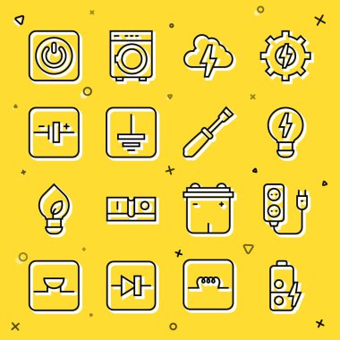 Hat pili, elektrik uzantısı, yaratıcı lamba ışığı fikri, bulut ve şimşek, elektrik sembolü zemin, DC voltaj kaynağı, güç düğmesi ve tornavida ikonu. Vektör