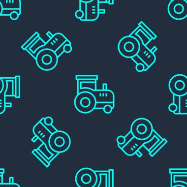 Yeşil çizgi traktör simgesi mavi arkaplanda izole edilmiş. Vektör