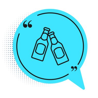 Siyah çizgi bira şişesi ikonu beyaz arka planda izole edilmiş. Mavi konuşma balonu sembolü. Vektör