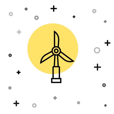 Siyah çizgi rüzgar türbini simgesi beyaz arkaplanda izole edildi. Rüzgar jeneratörü işareti. Elektrik üretimi için yel değirmeni. Rastgele dinamik şekiller. Vektör