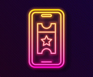 Parlayan neon hattı siyah arka planda izole edilmiş çevrimiçi sinema bileti alın. Hizmet kavramı. Vektör