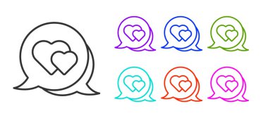 Konuşma baloncuğu simgesindeki siyah çizgi Kalbi beyaz arkaplanda izole edildi. Sevgililer günün kutlu olsun. Simgeleri renklendirin. Vektör