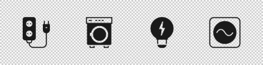 Elektrik uzantısını, çamaşır makinesini, yaratıcı lamba ışığı fikrini ve AC voltaj kaynağı ikonunu ayarla. Vektör