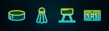 Hokey diski, Badminton mekik siki, Pommel atı ve Sport mekanik skorbordu. Parlayan neon ikonu. Vektör