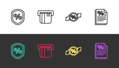 Hat kredisini, kredi kartını, indirimli etiketini ve Maliye belgesini siyah beyaz olarak ayarla. Vektör