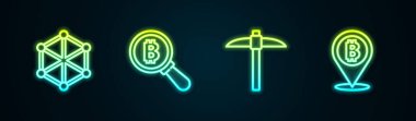 Hat engelleme teknolojisi, Bitcoin, Pickaxe ve büyüteç. Parlayan neon ikonu. Vektör
