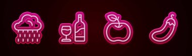 Bulut 'u yağmurla, şarap şişesi bardağıyla, elma ve patlıcanla donatın. Parlayan neon ikonu. Vektör
