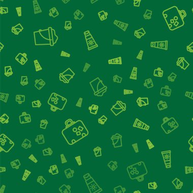 Kum torbasını, bavulu ve güneş kremi tüpünü pürüzsüz desene göre ayarla. Vektör