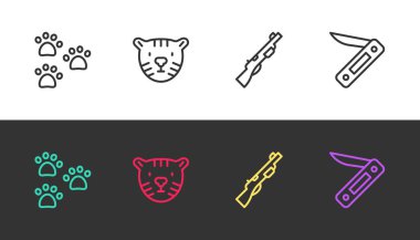 Çizgiyi belirle, Kaplan kafa, av silahı ve İsviçre çakısı siyah beyaz. Vektör