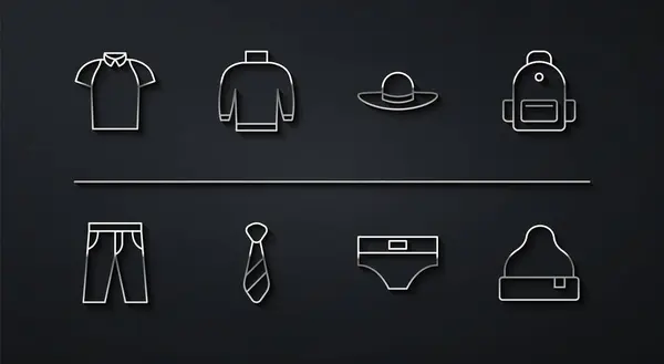セットラインポロシャツ パンツ スクールバックパック メンズパンツ セーター ビーニー帽子 エレガントな女性のアイコン ベクター — ストックベクタ
