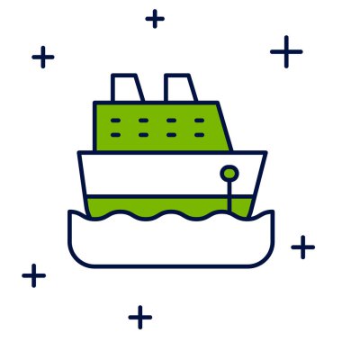 Ana hatları doldurulmuş gemi simgesi beyaz arkaplanda izole edilmiş. Seyahat turizmi deniz taşımacılığı. Yolcu gemisi, yolcu gemisi. Dünya çapında bir gezi. Vektör